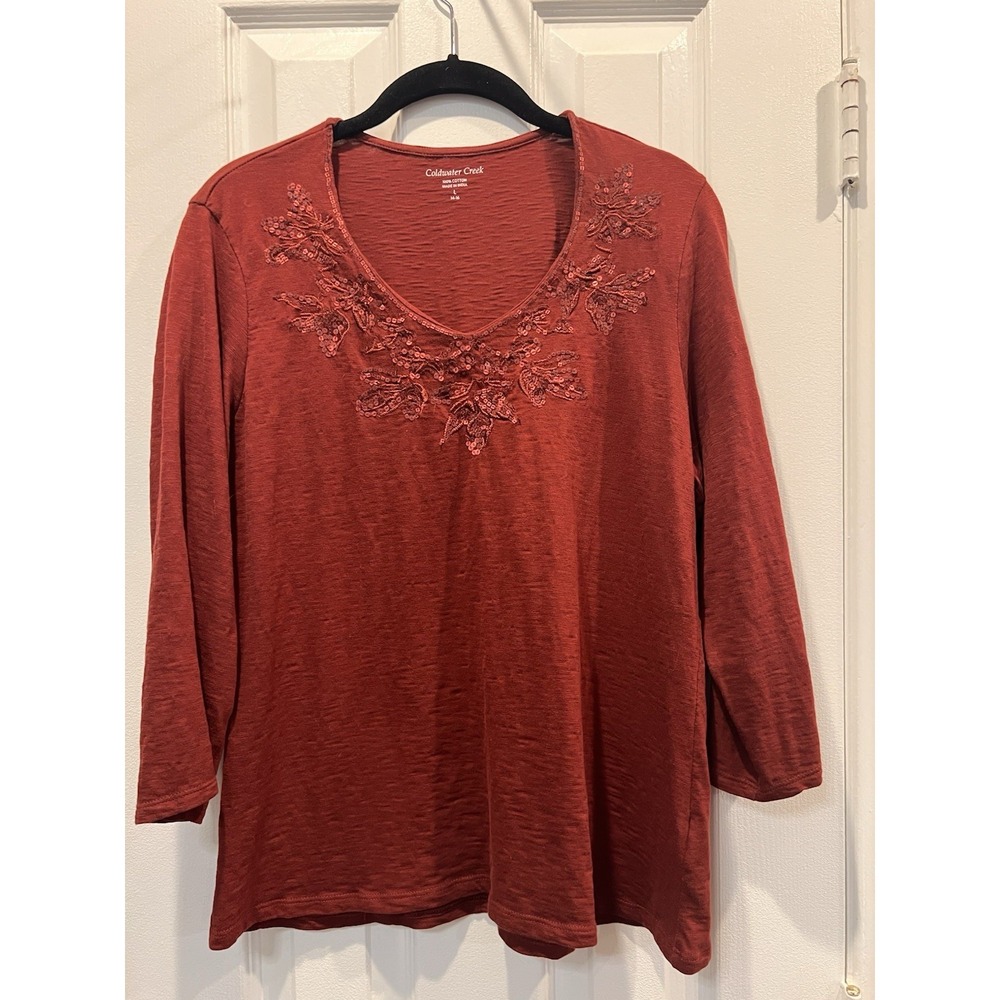 Coldwater Creek Women's LG Top Boho 3/4 Sleeve V Neck Tee Sequins Embroidery Red